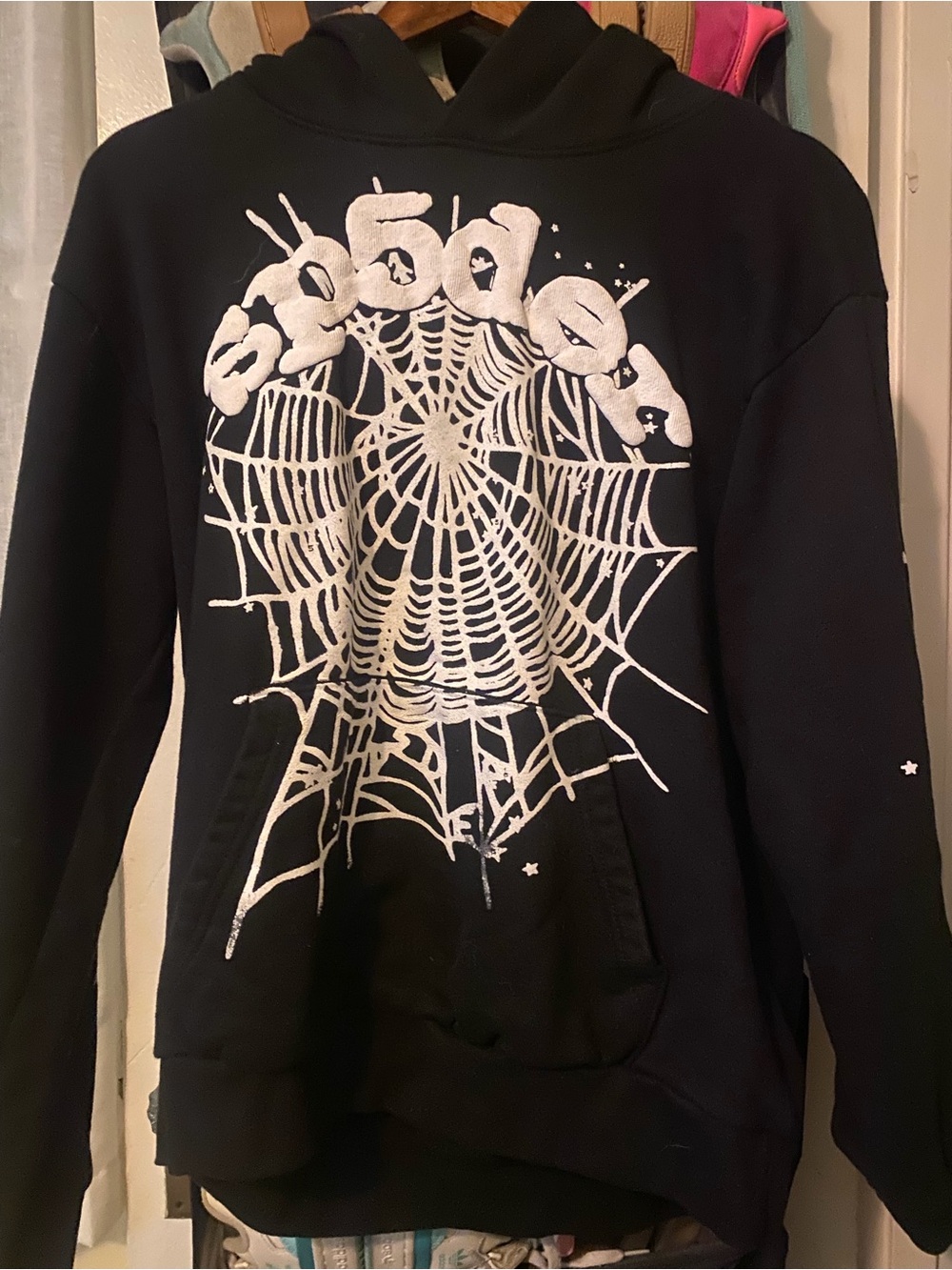 Black Crewneck Sweater with White Spiderweb Graphic